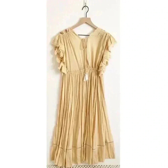 Free People Embroidered Tassel V-Neck Midi Dress Ruffle Sleeve Yellow Size S - Picture 6 of 10